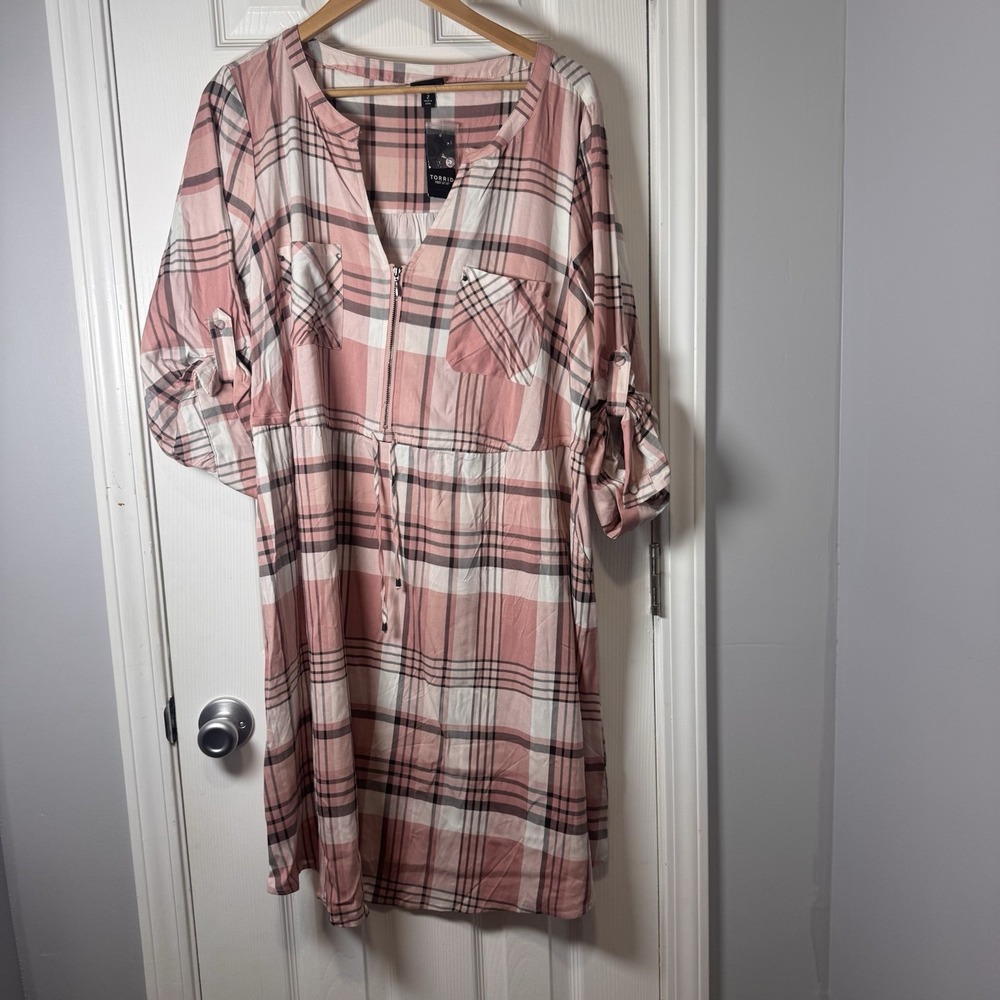 Torrid Pink Plaid Challis Zip Front Tab Sleeve Shirt Dress Size 2x 2 18 20 NWT